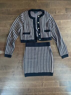 MAJORELLE Black and Cream Houndstooth Knit Cardigan & Skirt Set